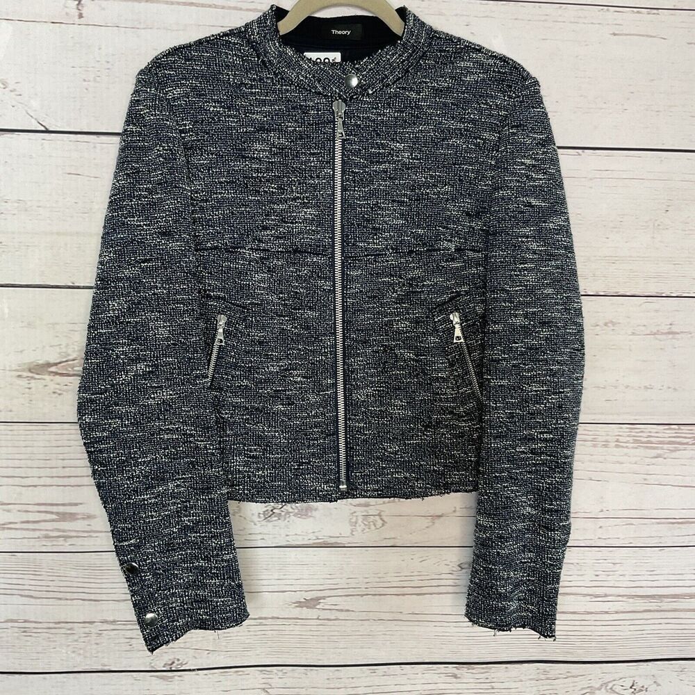 THEORY Jacket Womens Medium Moto Jacket Blue Tweed Raw Hem Neutral Minimalist - Picture 4 of 16